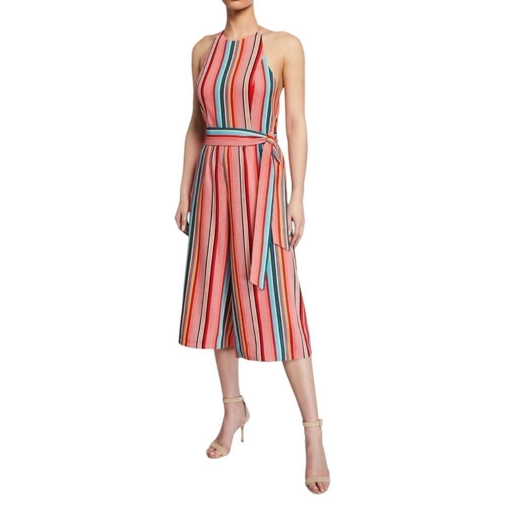 Alice + Olivia Lucie Cropped Wide leg Halter neck Striped Jumpsuit